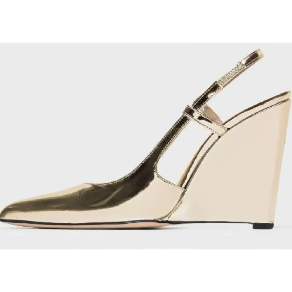 Theory Women's Slingback Wedge Pump in Metallic Leather $395 Sz 38 GOLD